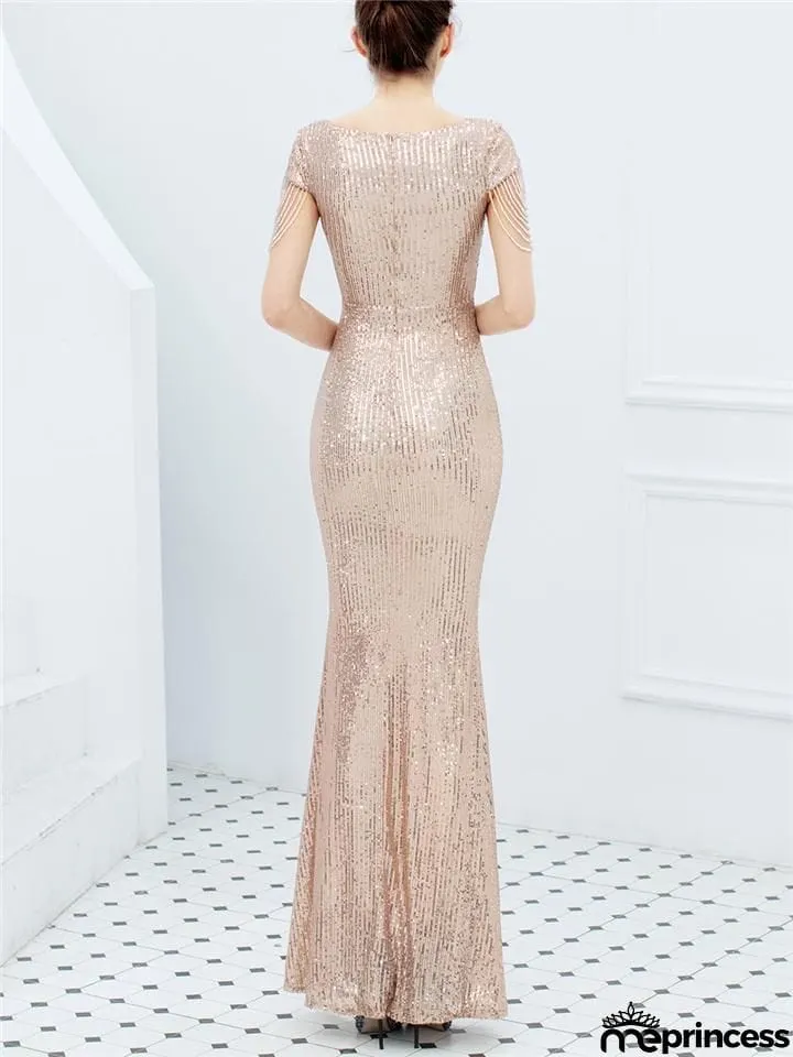 Stunning Sequined V Neck Mermaid Dinner Dresses for Ladies