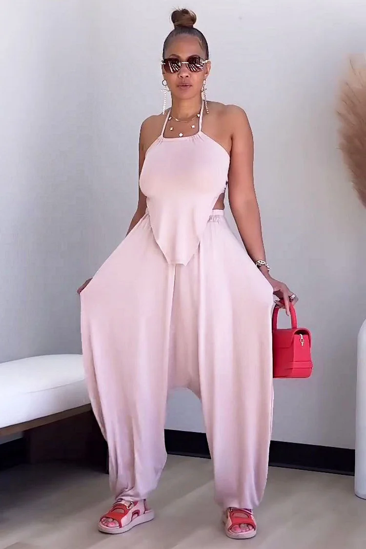 Curved Hem Halter Top Harem Pants Vacation Solid 2pcs Set-Pink [Pre Order]