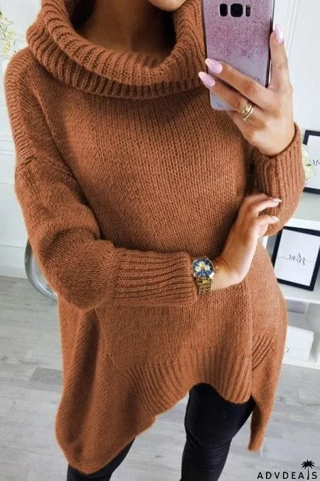 Brown Cowl Neck Handkerchief Hem Sweater