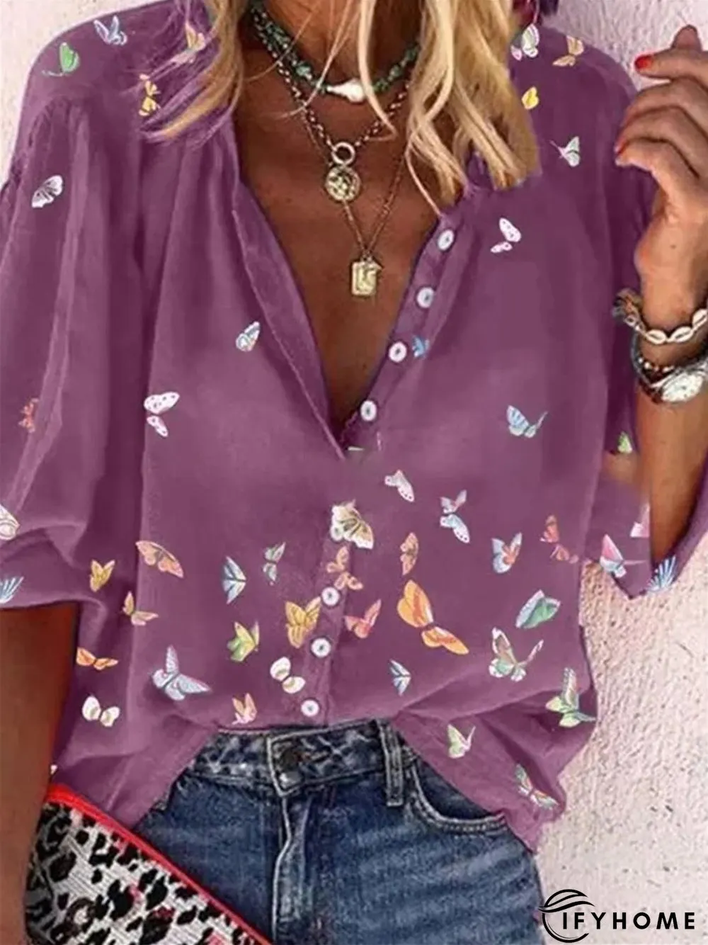 Colorful Butterfly Print Chiffon Long Sleeve Shirt | IFYHOME
