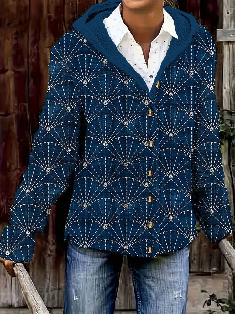 Japanese Scalloped Stitch Art Women's Hooded Sweater Jacket