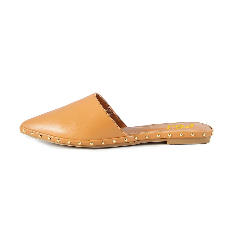 FSJ Tan Pointed Toe Studded Comfortable Flat Mules |FSJ Shoes