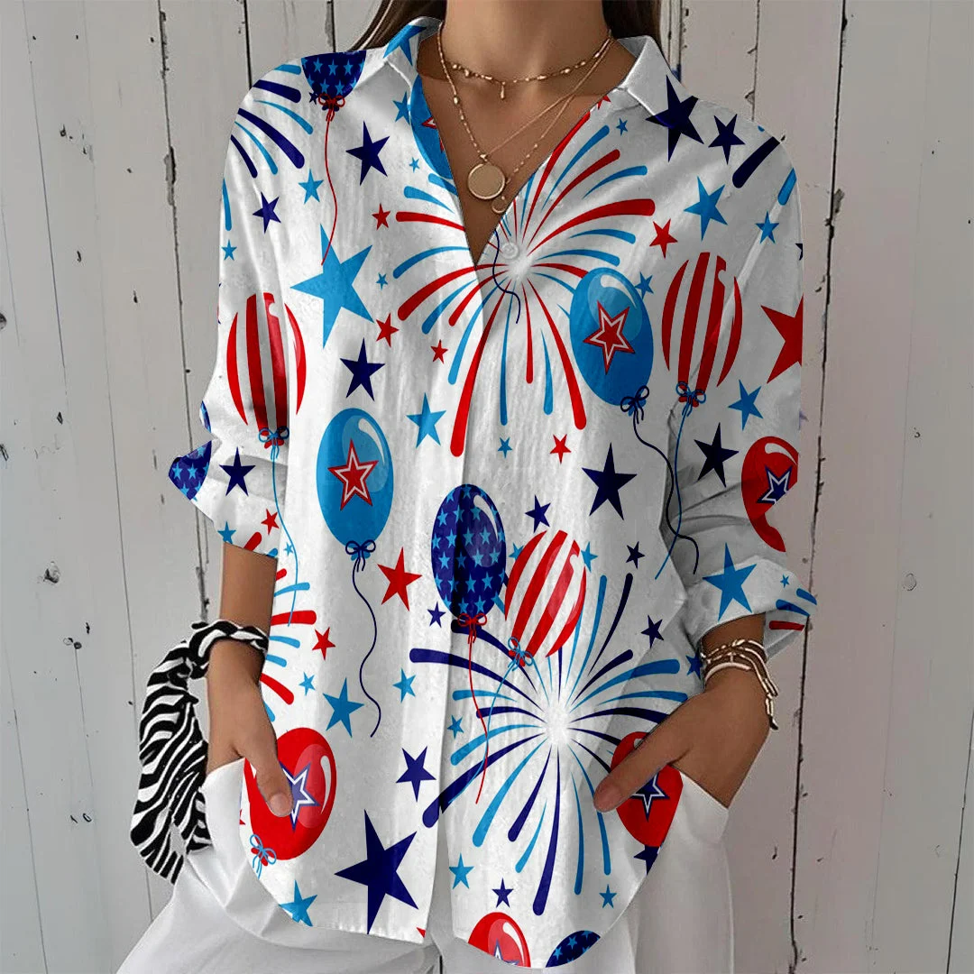 Style & Comfort for Mature Women Women  Independence Day, Star, Striped, Blue, Red DZCL0223 3/4 Sleeve Shirt Collar Printed Button Tops