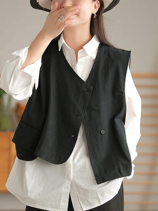 Vintage Asymmetric Solid Color Buttoned Vest Top