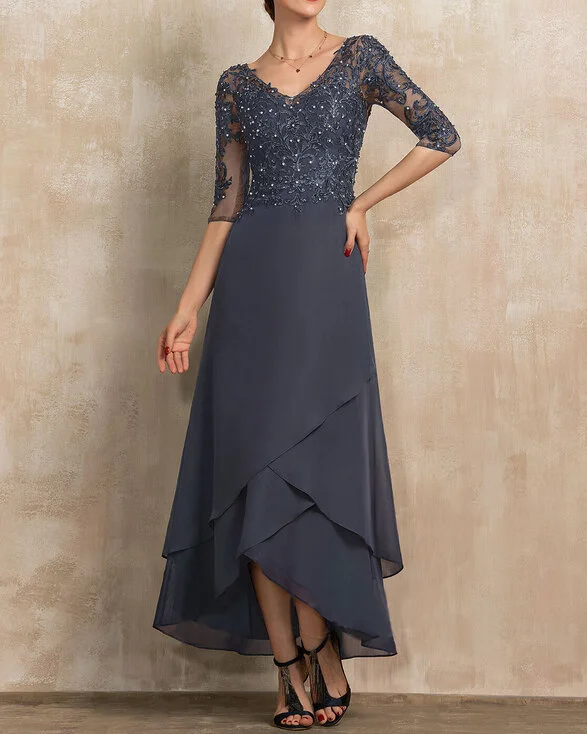 Fashion Elegant Embroidered Sequined Chiffon Ruffle Dress