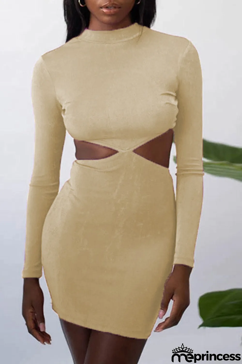 Apricot Fashion Sexy Solid Hollowed Out O Neck One Step Skirt Dresses