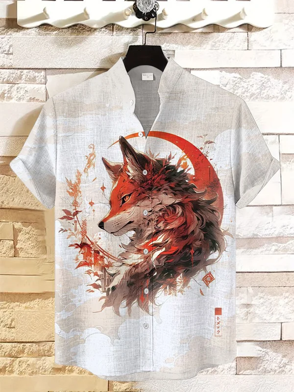 Men's Fantasy Mysterious Fox Demon Art Print Casual Linen Blend Shirt