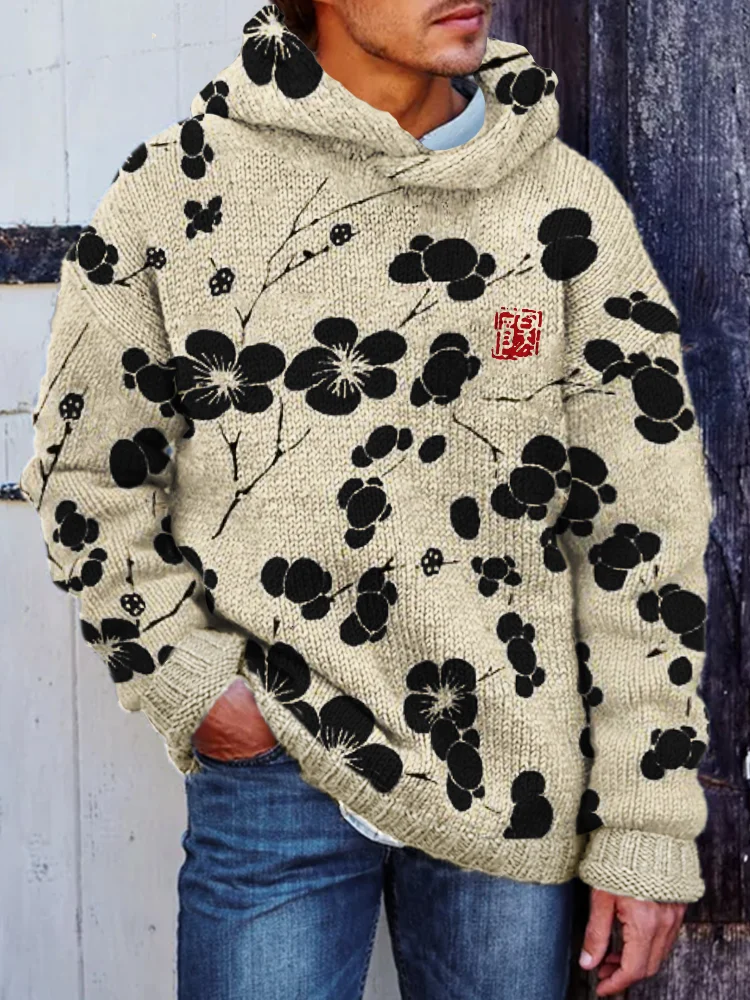 Men's Cherry Blossom Japanese Lino Pattern Cozy Hooded Sweater