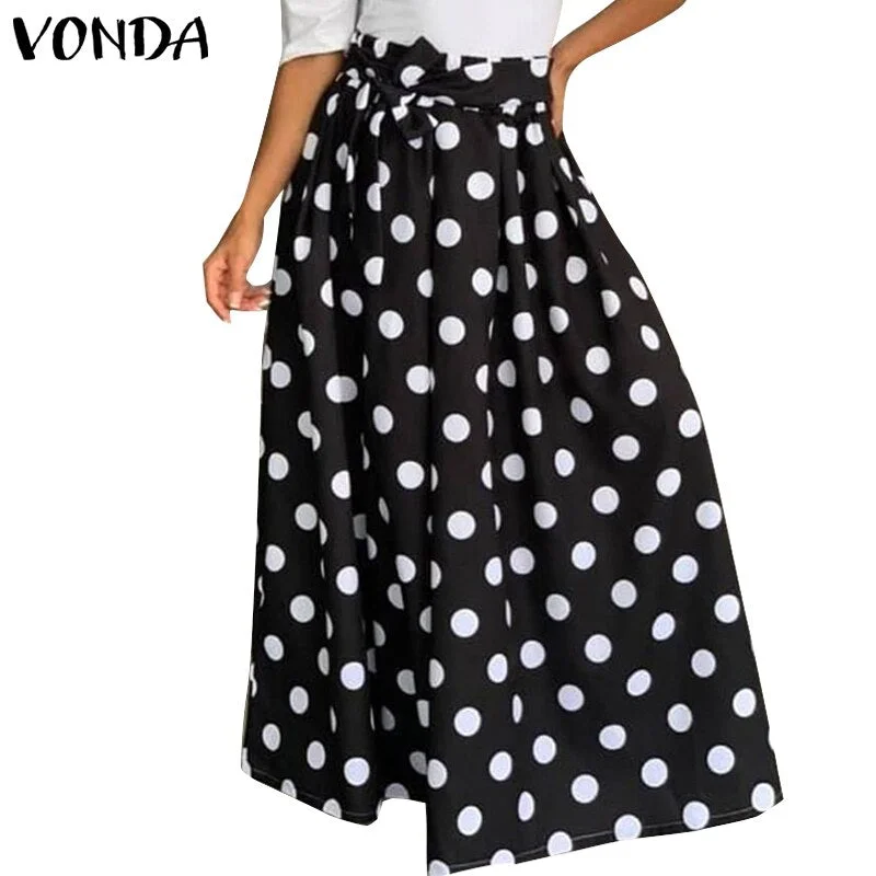 Women Skirts Polka Dot High Waist Long Skirt 2021 VONDA Female Sexy Pleated Party Maxi Skirts Faldas De Mujer