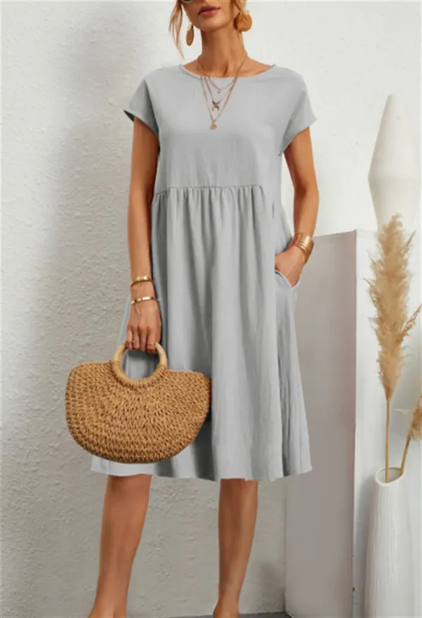 Women Cap Sleeve Pocket Midi Dress Round Neck Loose Casual Cotton Linen Summer Vacation Dress