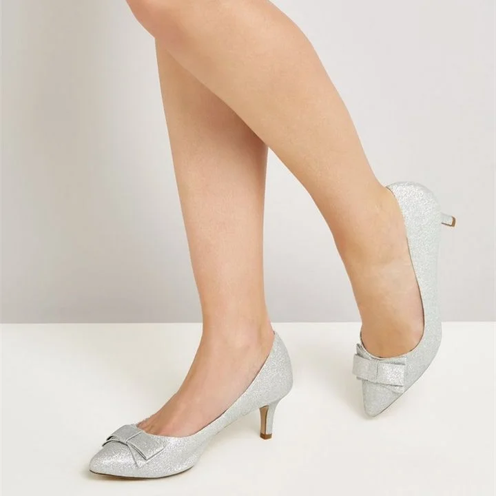 Women's Silver Kitten Heels Almond Toe Pumps with Bow |FSJ Shoes