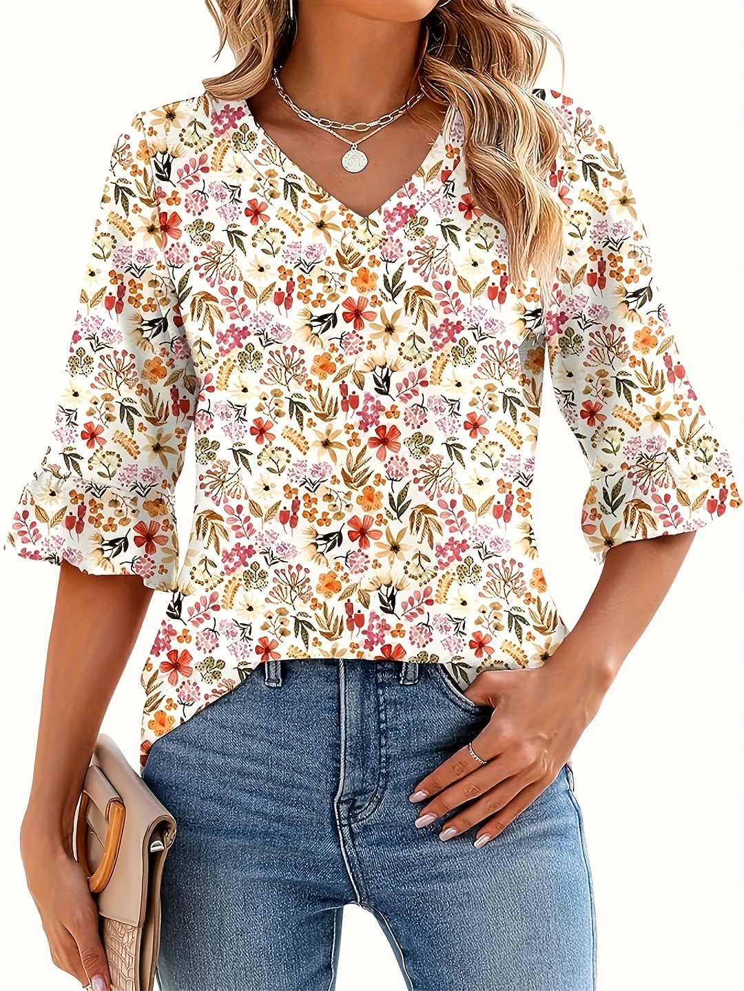 Women's Floral Print Summer Shirt - 3/4 Sleeve Ruffled V-Neck Lightweight Top, Machine Washable Casual Blouse For Spring & All Seasons, Summer Blouses, Allseason Top, Vneck Top, Nontransparent Material | IFYHOME