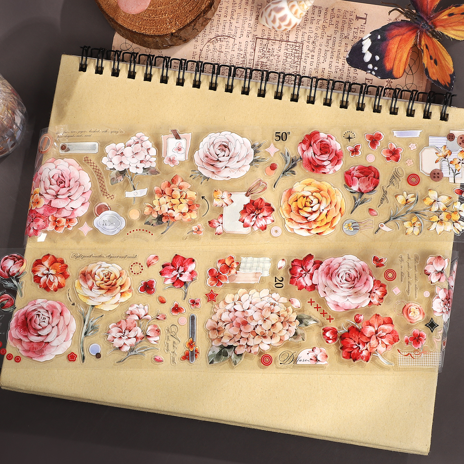 PET 테이프 - 60mm*6m 빈티지 레드 식물 꽃