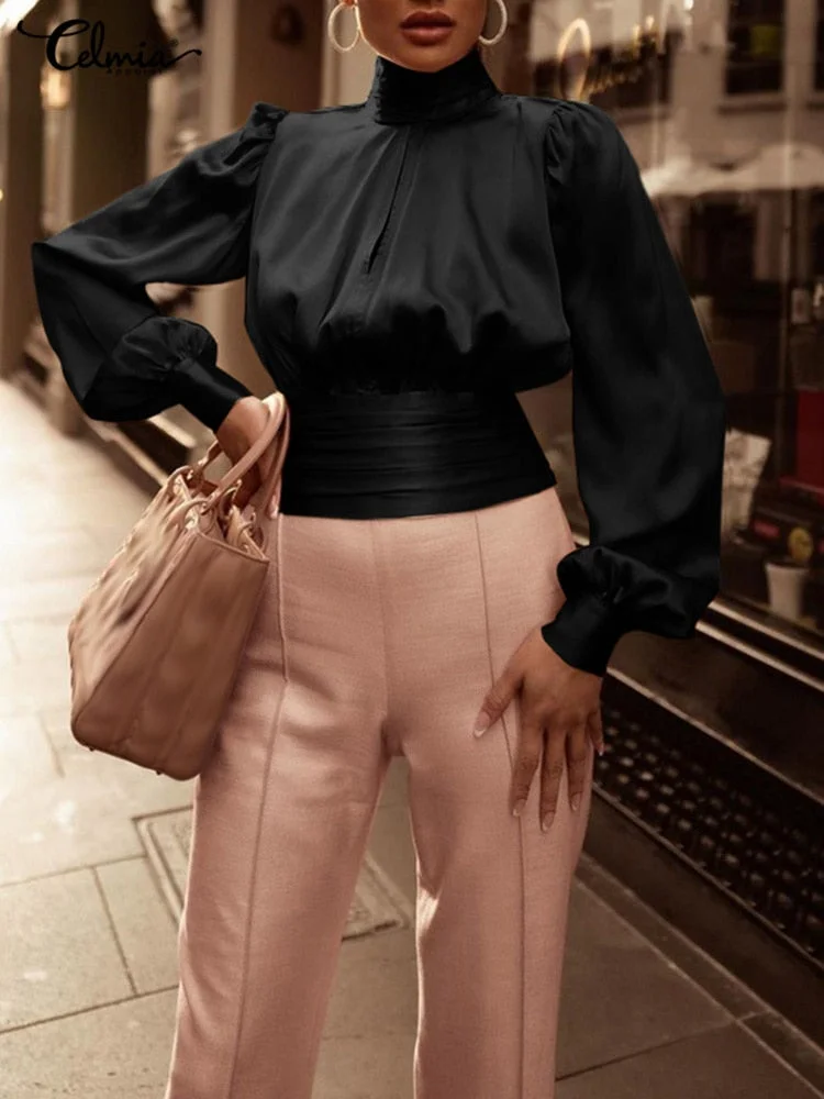 Celmia Pleated Waisted Long Puff Sleeve Tops Street Elegant Satin Fashion Short Tunic High Collar Hollow Out Chest Women Blouses
