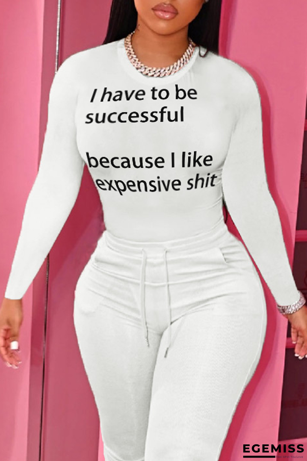 White Casual Print Letter O Neck Tops | EGEMISS