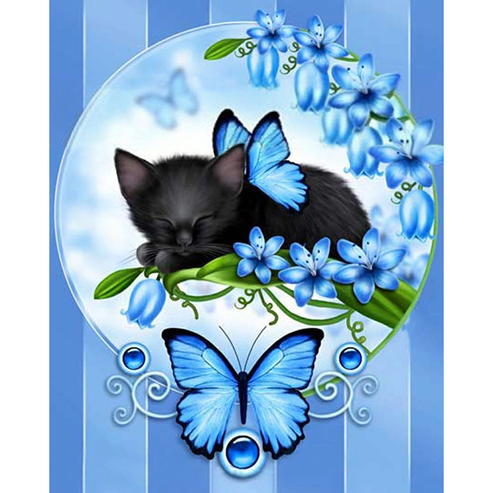 

30*40CM - Round Drill Diamond Painting - Cat and Butterfly, 501 Original