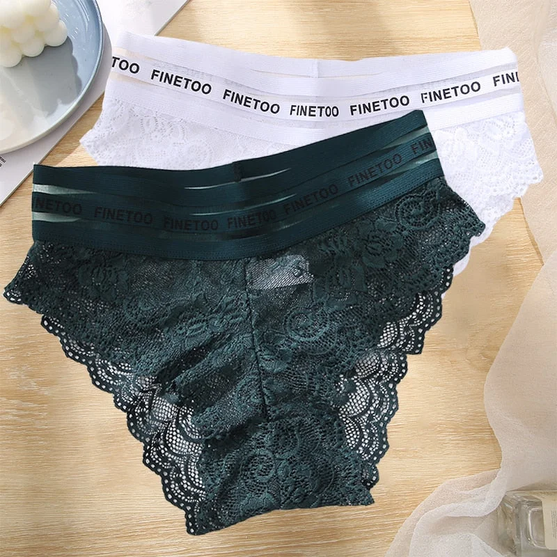 FINETOO 2PCS/Set L-XXL Floral Lace Women Panties High Waist  Sexy Lace Underwear Woman Letter Lingerie Female Seamless Briefs