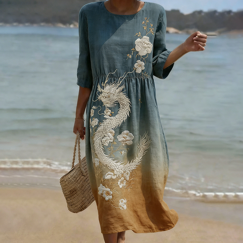 Women's Japanese-style Cherry Blossom And Dragon Print Dress elevenforest