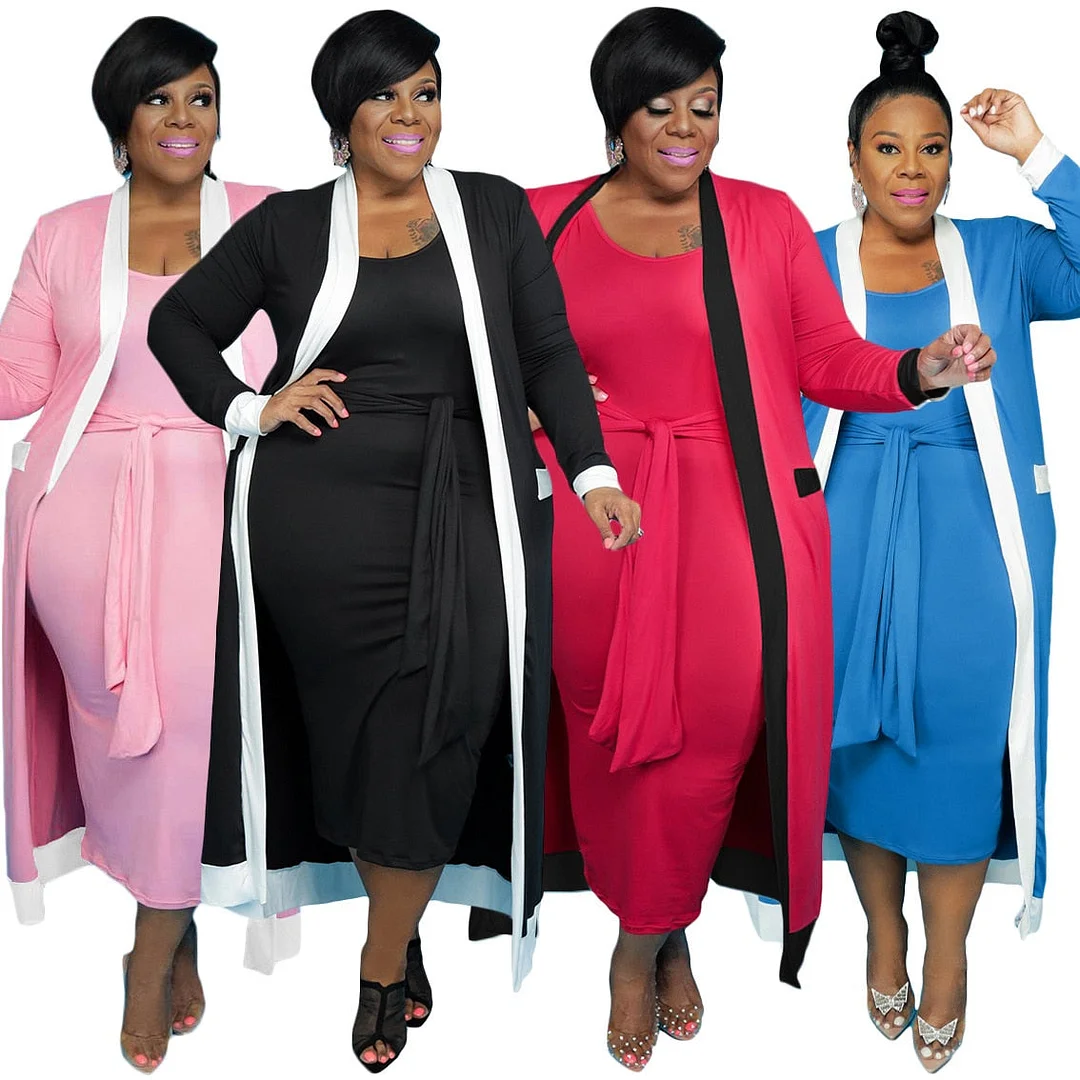 Two Piece Sets Plus Size Women Clothing 2021 Fall Clothes Wholesale Dress with Belt Long Sleeve Coat Matching Suits DropShipping
