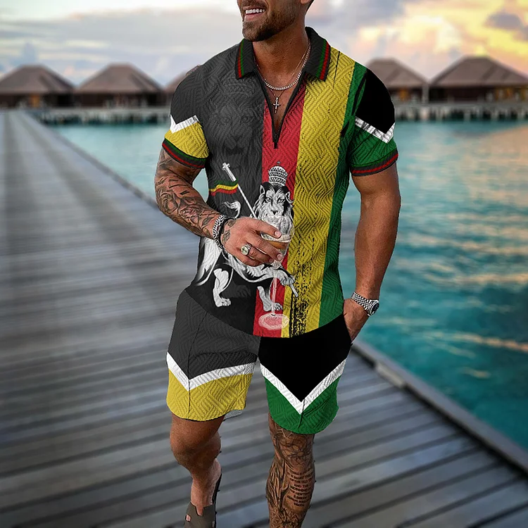 Broswear Color Matching Reggae Lion Polo Shirt And Shorts Co-Ord