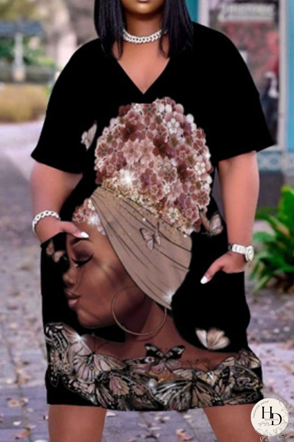 Black Casual Print Patchwork V Neck Straight Dresses