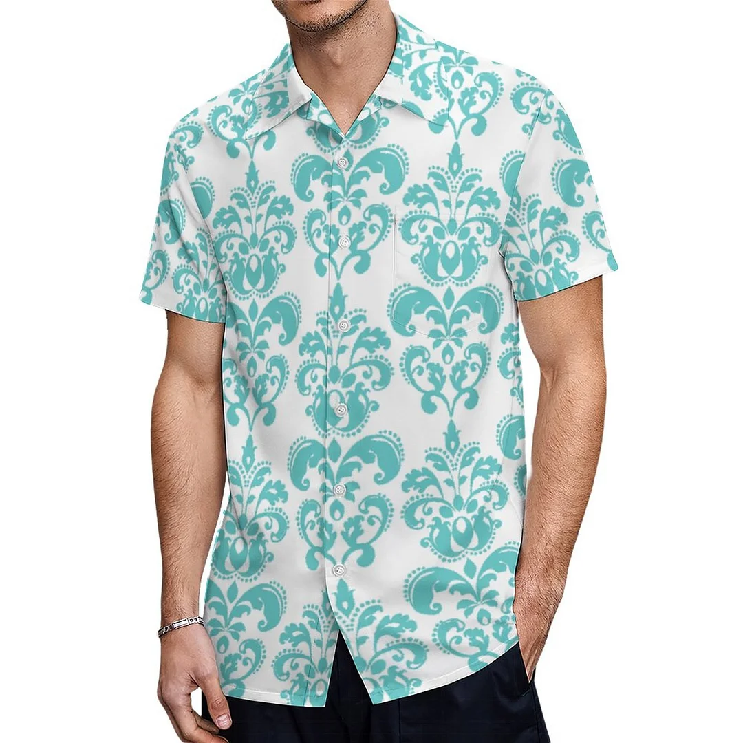 Short Sleeve Teal White Vintage Damask Hawaiian Shirt Mens Button Down Plus Size Tropical Hawaii Beach Shirts
