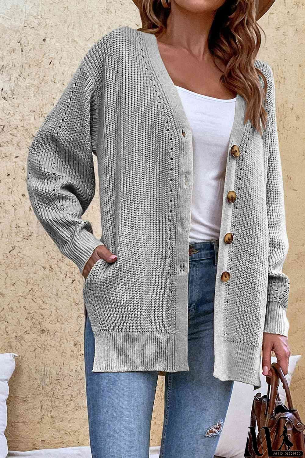 MidiSono - V-Neck Openwork Long Sleeve Cardigan