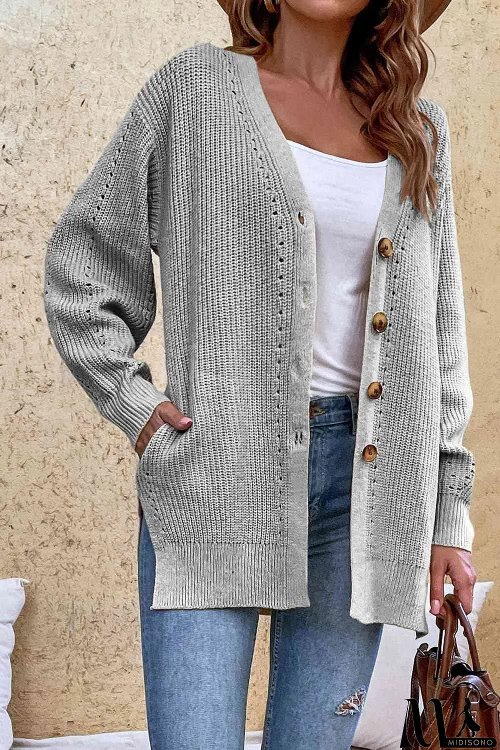 MidiSono - V-Neck Openwork Long Sleeve Cardigan