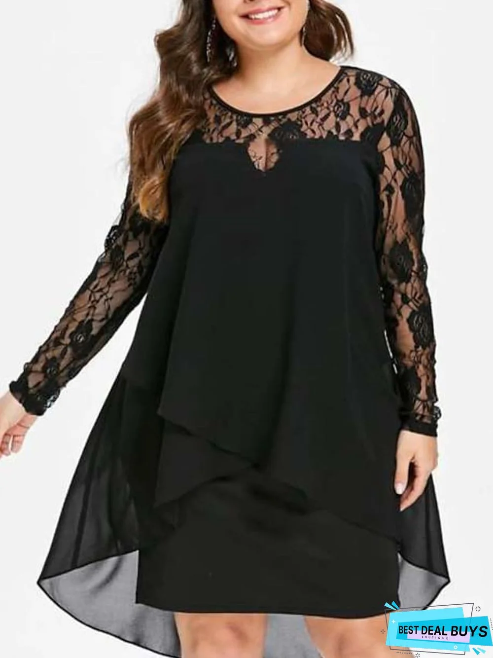 Women's Plus Size Party Dress Solid Color Crew Neck Lace Long Sleeve Winter Fall Stylish Elegant Mini Dress Party Date Dress