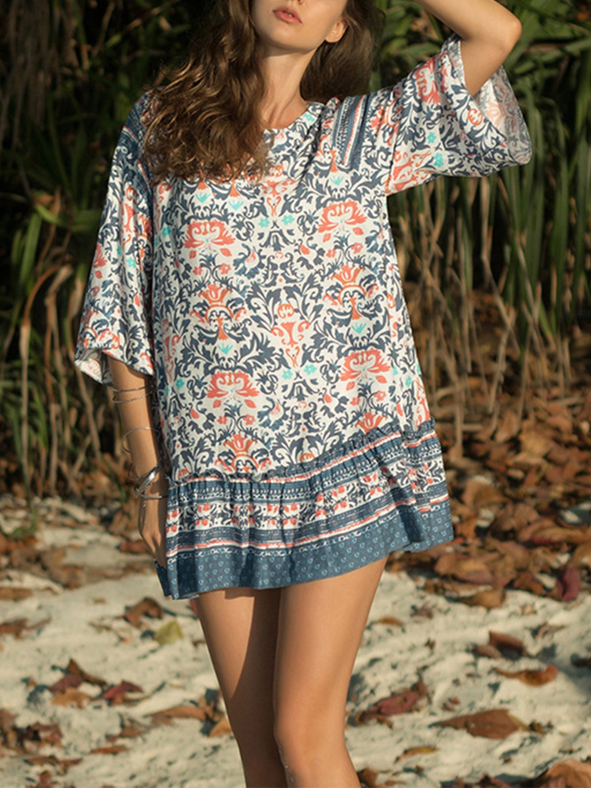 Boho Short Sleeve Floral V Neck Dresses