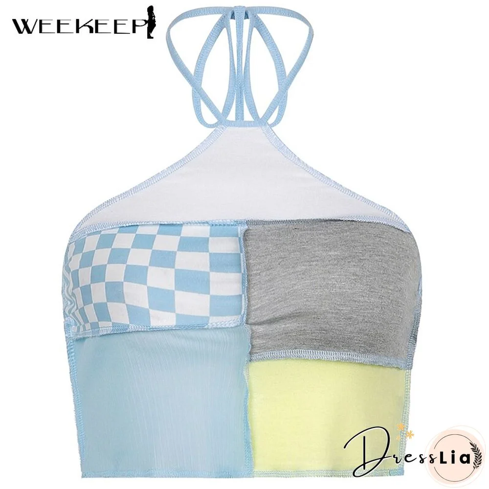 Weekeep Cute Patchwork T-Shirt Two Piece Women Long Sleeve Transparent Tee And Tie Up Halter Cropped Tops Summer Kawaii Harajuku