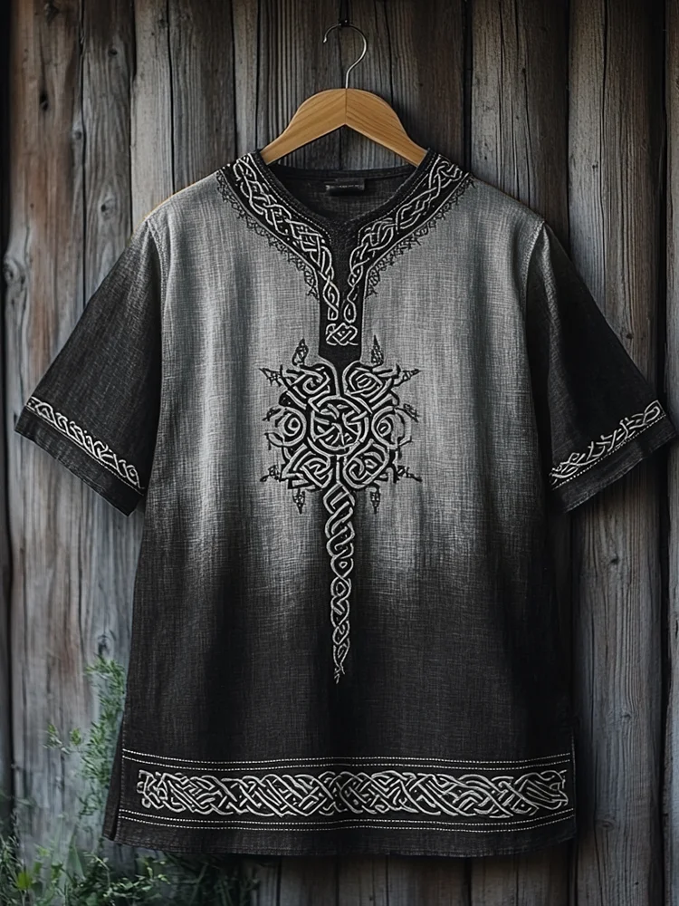 Men's Viking Celtic Knot Art Gradient Linen V-neck T Shirt