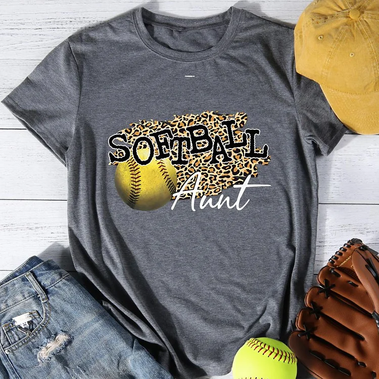 Softball Aunt Leopard Round Neck T-shirt-Annaletters