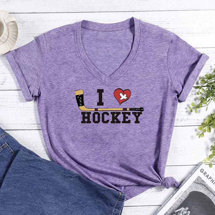 I Love Hockey V-neck T Shirt-Annaletters
