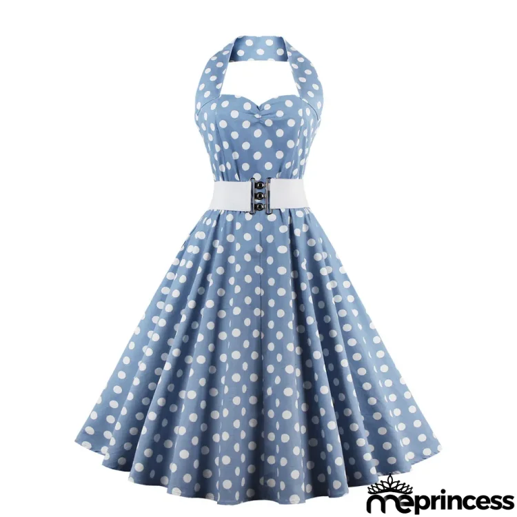 Women's Vintage Polka Dot Print Halter Neck Low Back Sexy Mid Length Swing Dress