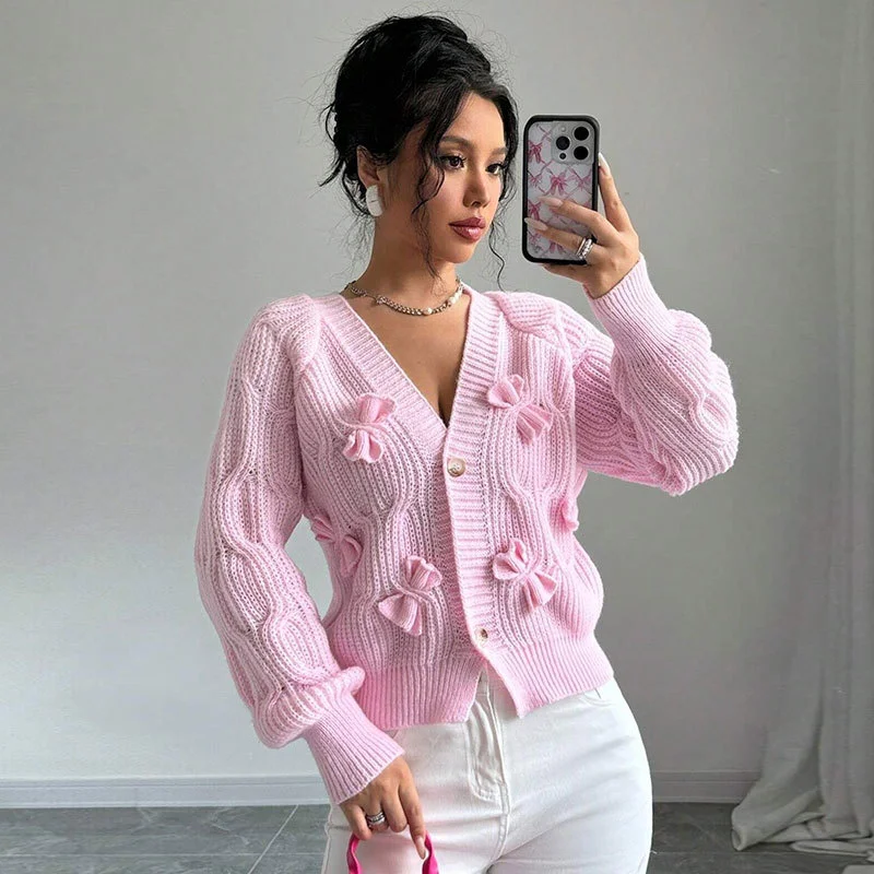 Athvotar Athvotar And Winter New Sweater Women's Tops Solid Color Long-Sleeved Bow Knitted Shirt Jacket