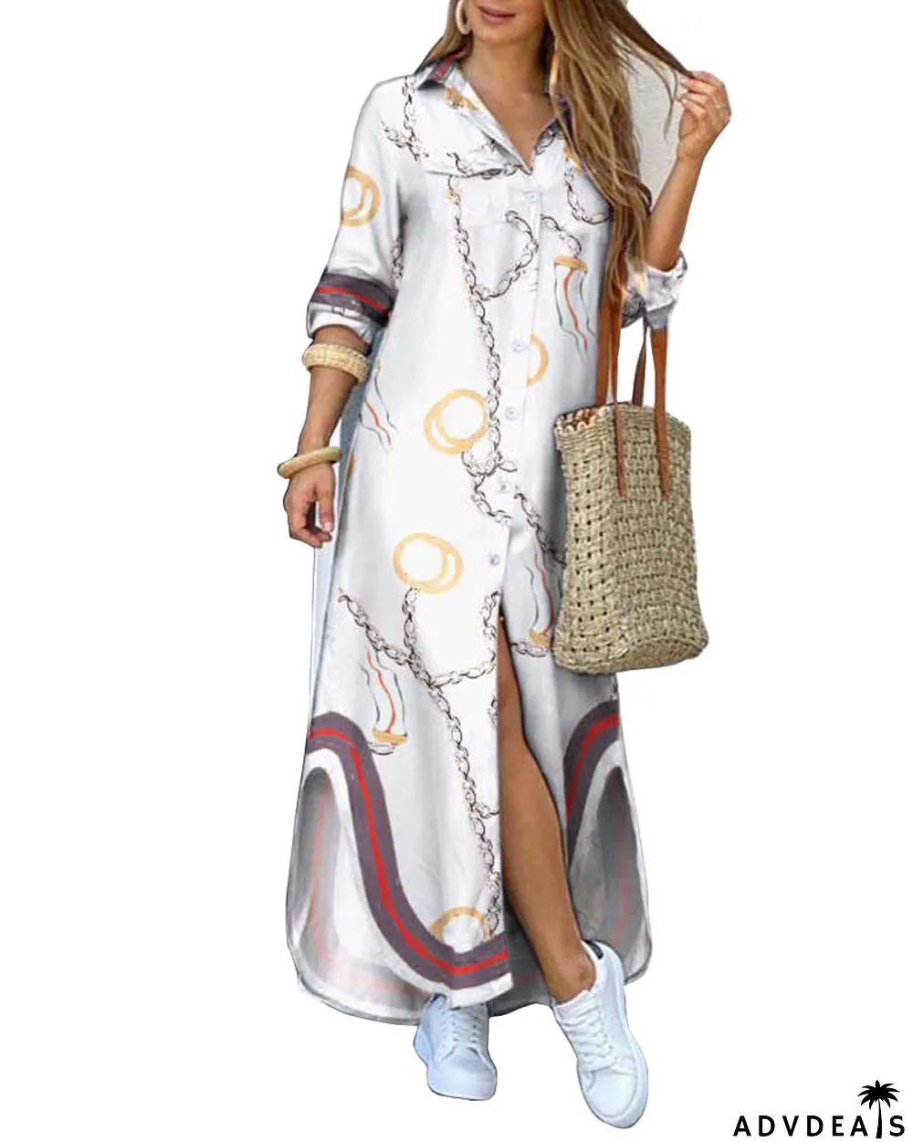 autumn and winter printed long-sleeve shirt dress