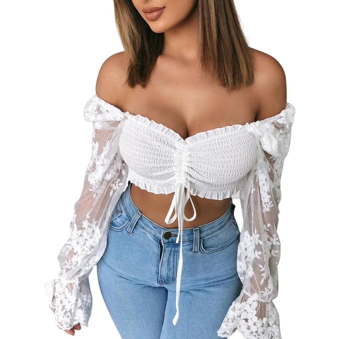 wsevypo Floral Embroidery Cropped Tops Women Lace Long Sleeve Off-shoulder Blouses Drawstring Front Strapless Tops Solid Color