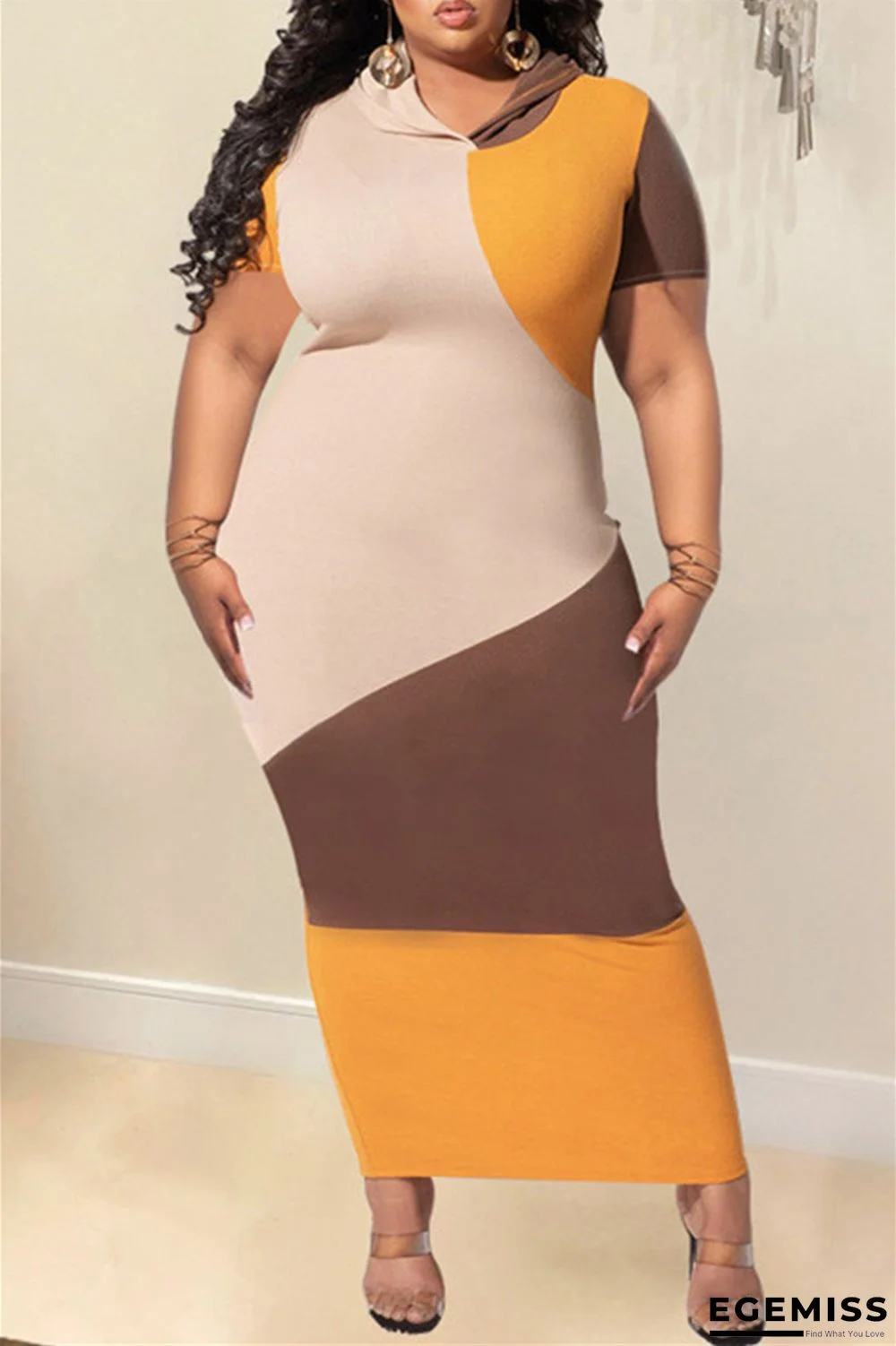 Yellow Fashion Casual Solid Patchwork Hooded Collar Short Sleeve Dress Plus Size Dresses | EGEMISS