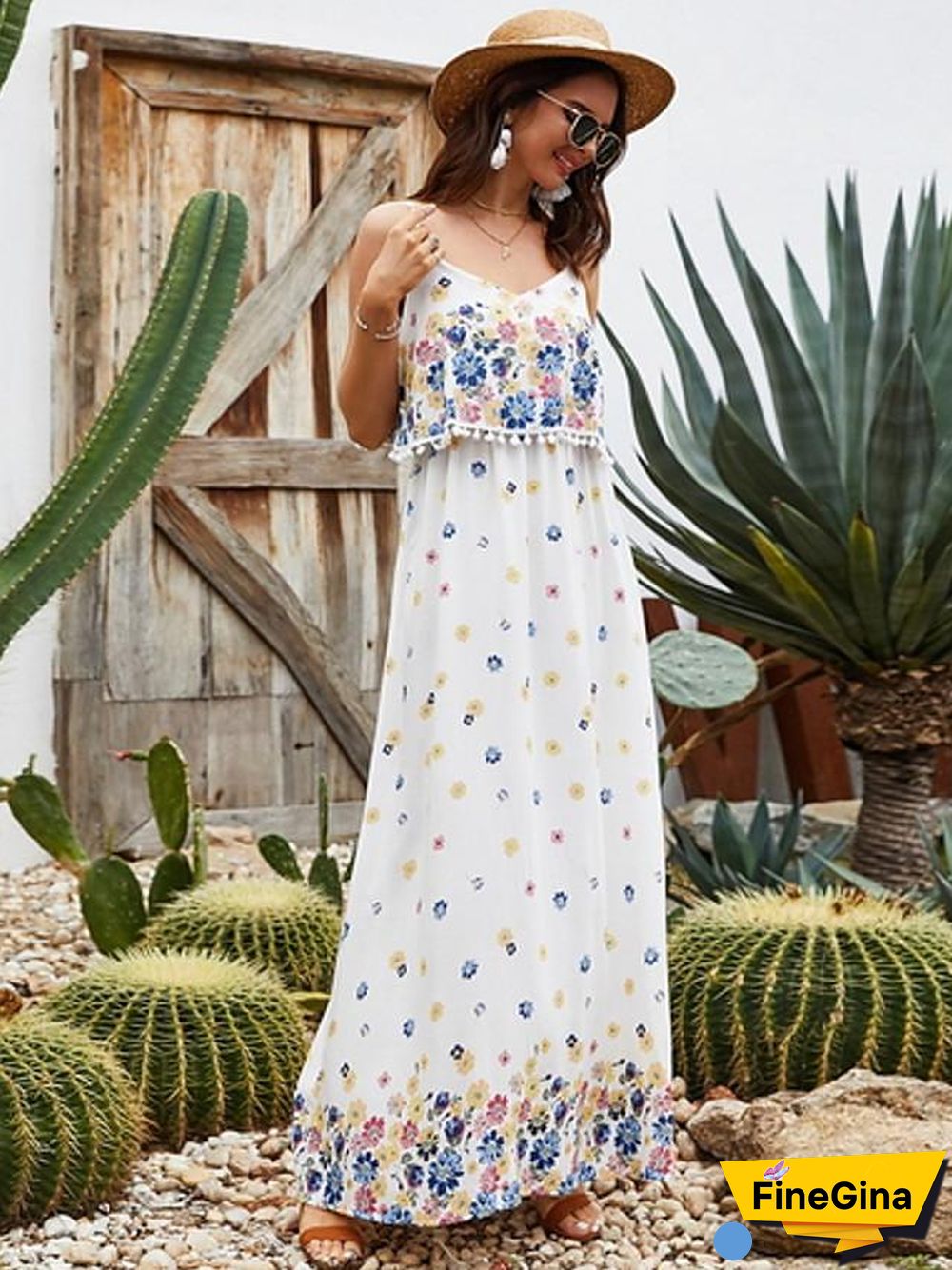 Women's Strap Dress Maxi long Dress Sleeveless Floral Summer Elegant White S M L XL XXL White Dresses