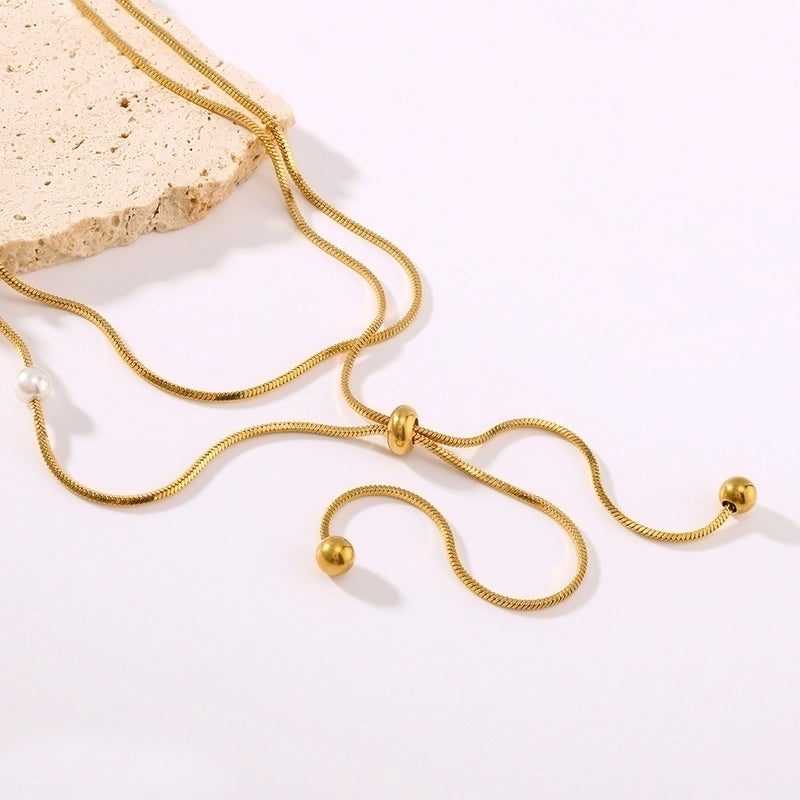 304 Stainless Steel 18K Gold Plated IG Style Romantic Shiny Pearl Round Artificial Pearls Double Layer Necklaces