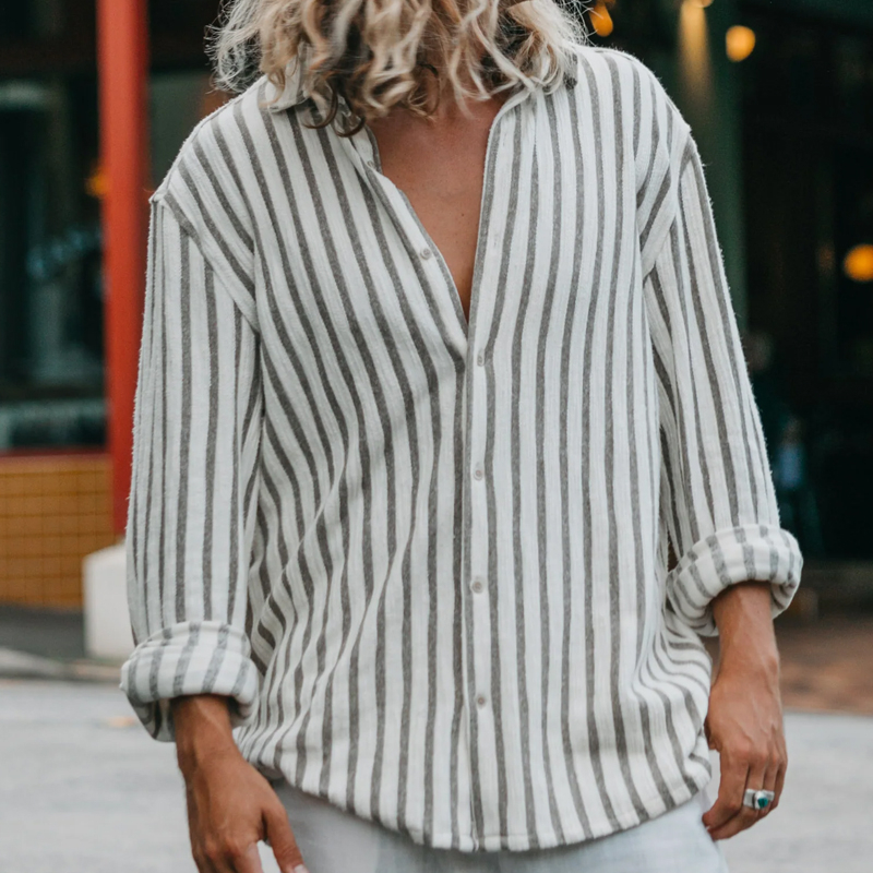 Men's Grey Striped Cotton and Linen Long Sleeve Shirt