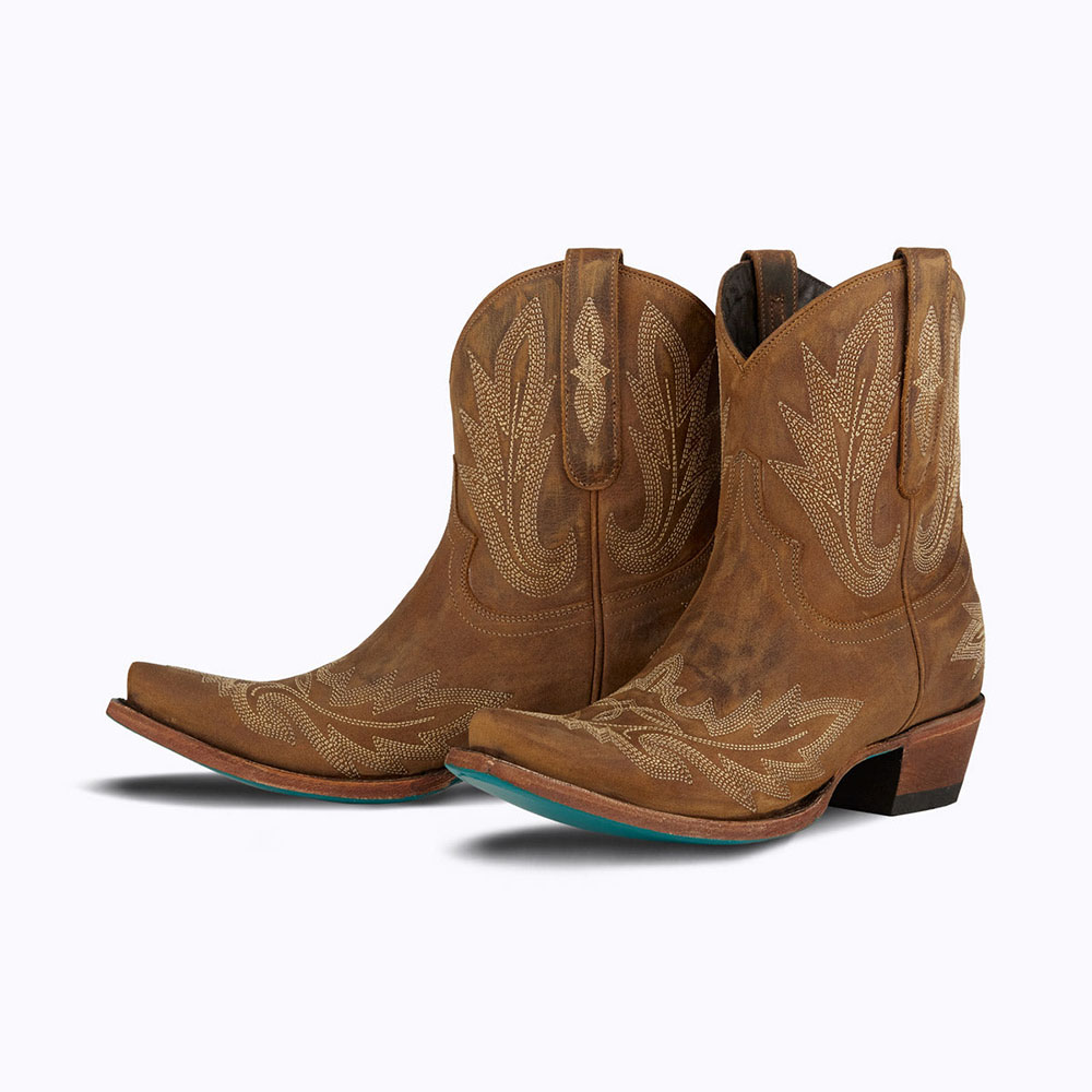 Brown Snip Toe Chunky Heel Cowgirl Ankle Boots with Embroidery Nicepairs