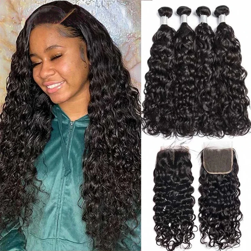 12A 4PCS + 4X4 HD Lace Closure Water Wave Hair Extension With 4X4 Transparent Lace Closure