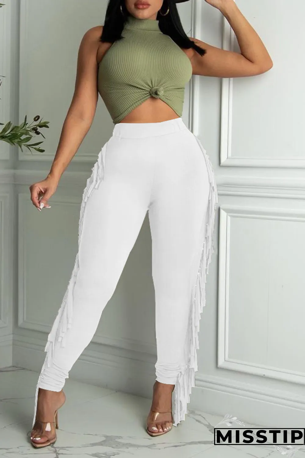Burgundy Sexy Solid Tassel Skinny High Waist Pencil Solid Color Bottoms