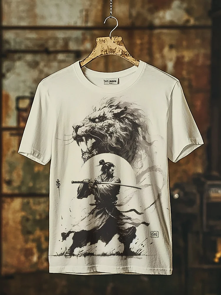 Men's Japanese Samurai And Monster Print T-Shirt