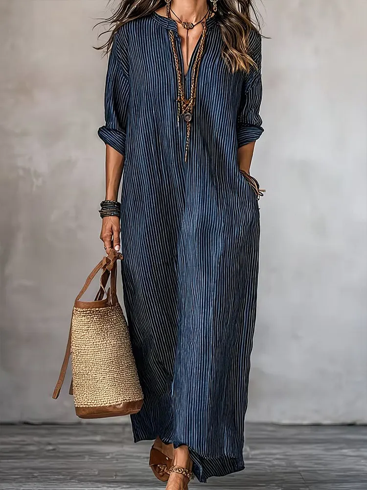 Women's Retro Striped Casual Maxi Dress
