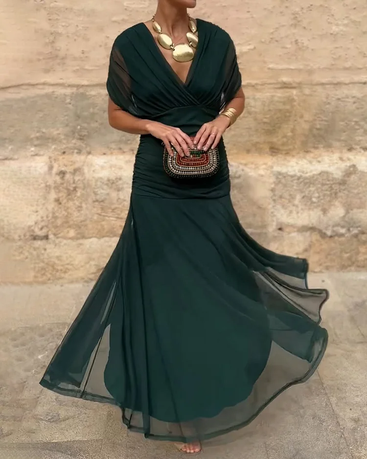 V-neck Off-shoulder Solid Color Pleated Dress