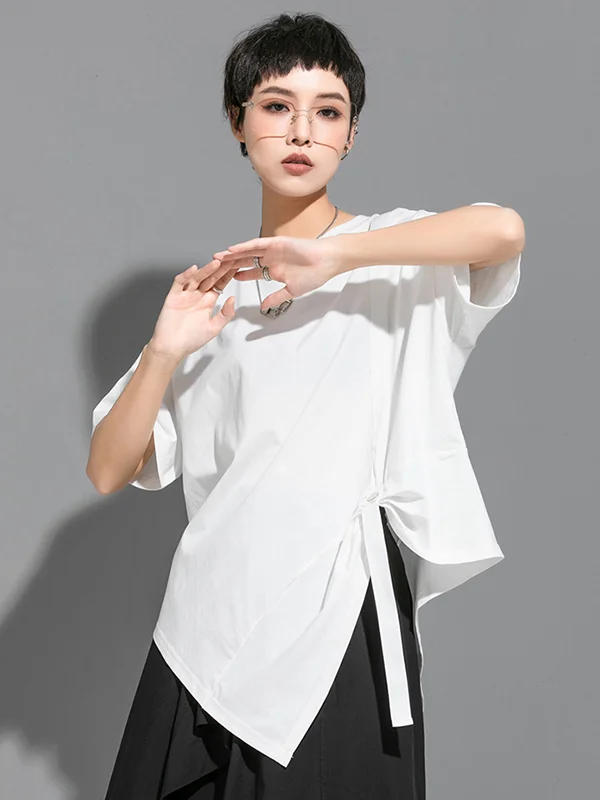 Urban Solid Color Asymmetric Round-Neck T-Shirt Top