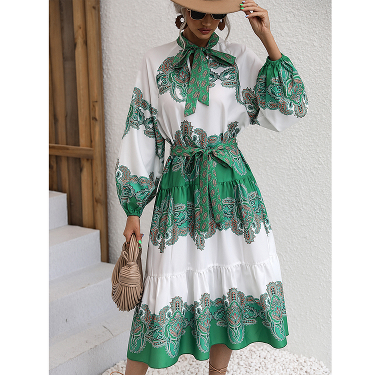 Fashion Long Sleeve  Retro Printed  Dress